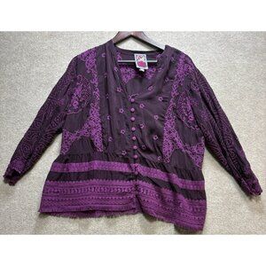 Johnny Was Tunic Top Women's L Purple Long Sleeve Embroidered Floral Boho EUC